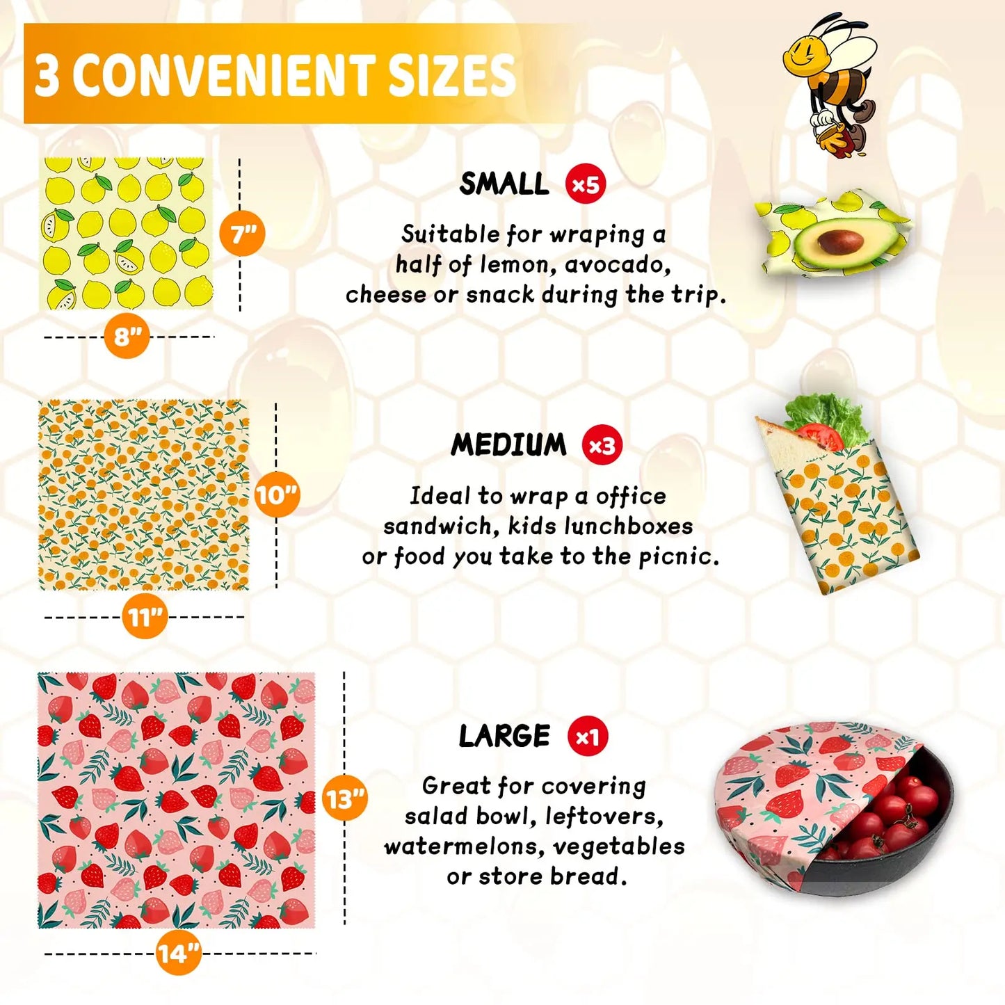 3PC/SET Beeswax Food Wraps Reusable Environmental Organic Cotton Wax Cloth Replace Household Plastic Wrap Washable Lemon Pattern