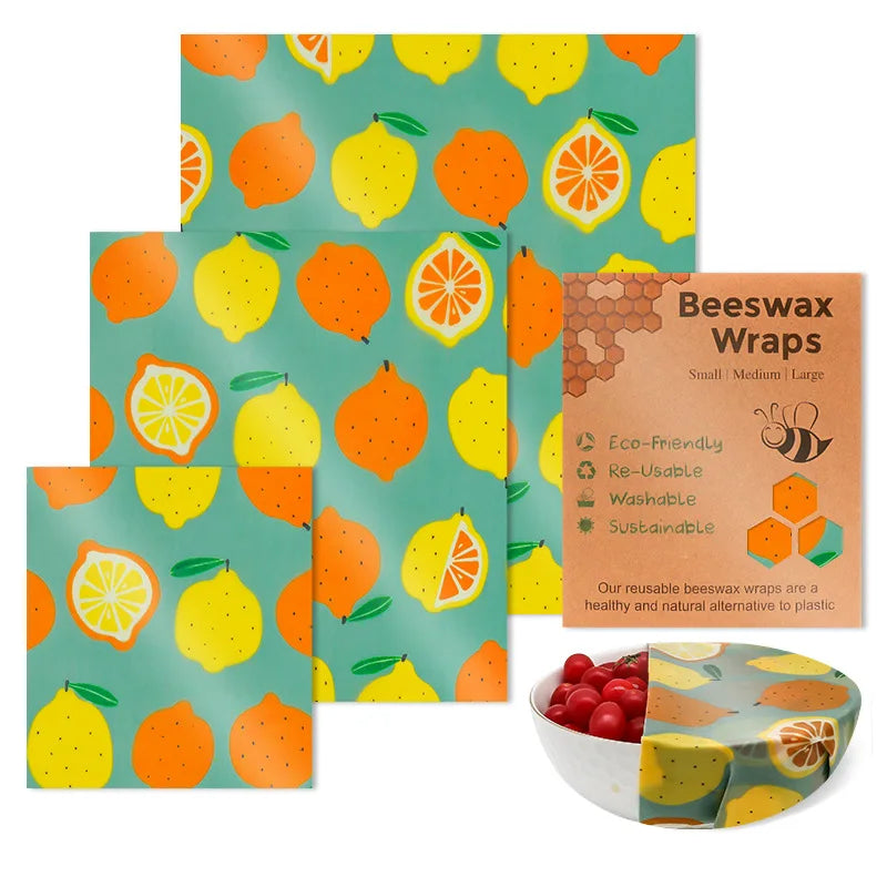 3PC/SET Beeswax Food Wraps Reusable Environmental Organic Cotton Wax Cloth Replace Household Plastic Wrap Washable Lemon Pattern