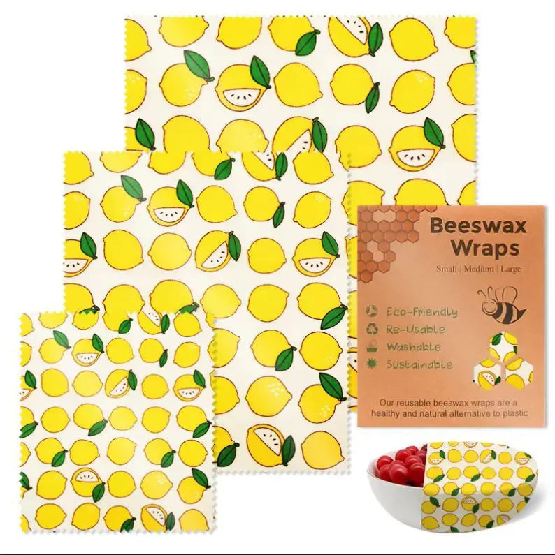 3PC/SET Beeswax Food Wraps Reusable Environmental Organic Cotton Wax Cloth Replace Household Plastic Wrap Washable Lemon Pattern