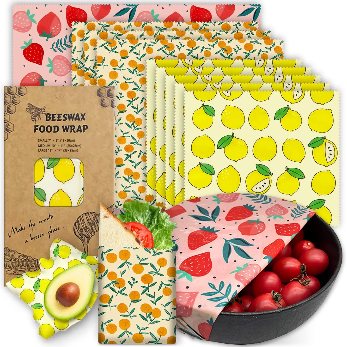 3PC/SET Beeswax Food Wraps Reusable Environmental Organic Cotton Wax Cloth Replace Household Plastic Wrap Washable Lemon Pattern